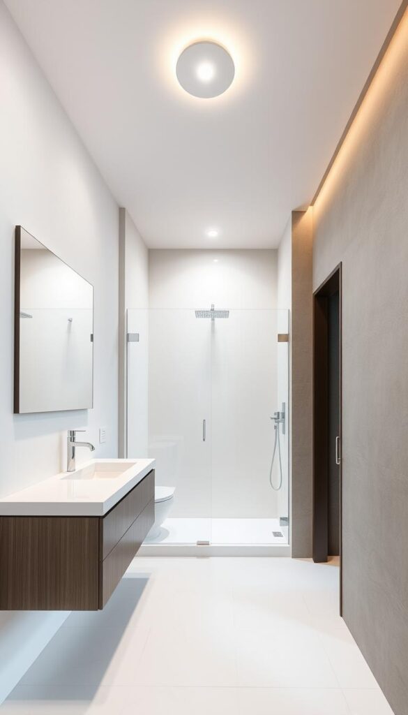 A bright, airy bathroom with a sleek, modern aesthetic. The foreground features a floating vanity with a minimalist design, a large rectangular mirror, and a wall-mounted faucet. The middle ground showcases a spacious shower enclosure with a frameless glass door, surrounded by clean white tiles. The background highlights a muted color palette, with gray or neutral-toned walls and a subtle, textured pattern. Warm, diffused lighting from a flush-mounted ceiling fixture illuminates the space, creating a relaxing and rejuvenating atmosphere. The overall composition emphasizes simplicity, functionality, and a touch of contemporary elegance, perfect for a weekend bathroom refresh. A bright, airy bathroom with a sleek, modern aesthetic. The foreground features a floating vanity with a minimalist design, a large rectangular mirror, and a wall-mounted faucet. The middle ground showcases a spacious shower enclosure with a frameless glass door, surrounded by clean white tiles. The background highlights a muted color palette, with gray or neutral-toned walls and a subtle, textured pattern. Warm, diffused lighting from a flush-mounted ceiling fixture illuminates the space, creating a relaxing and rejuvenating atmosphere. The overall composition emphasizes simplicity, functionality, and a touch of contemporary elegance, perfect for a weekend bathroom refresh.