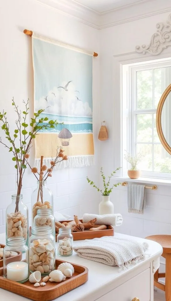 A bright, airy bathroom with summer-inspired accessories. Crisp white tiles and a large window flood the space with natural light. In the foreground, assorted glass jars and vases filled with colorful seashells, driftwood, and fresh greenery adorn the vanity. A whimsical wall hanging featuring a beach scene with seagulls and billowing clouds takes center stage, casting a calming, seaside atmosphere. Textured towels in soft, muted tones complement the decor. Wooden accents, such as a tray and a small stool, add warmth and a touch of rustic charm. An ornate mirror with an intricate frame reflects the tranquil scene, completing the light and breezy feel.