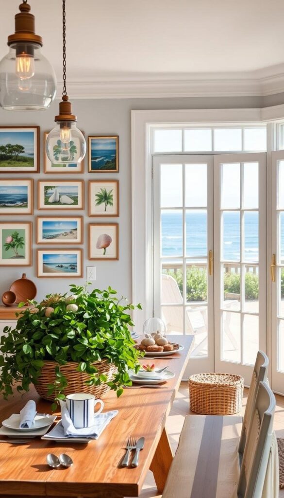 A bright, airy coastal summer kitchen with a serene, sun-drenched ambiance. In the foreground, a wall gallery of framed coastal artwork, including ocean scenes, seashells, and tropical botanicals. Hanging pendant lights cast a warm, natural glow over the space. The middle ground features a farmhouse-style wooden table adorned with lush greenery, seascape-inspired tableware, and a woven basket overflowing with fresh summer produce. In the background, large windows overlooking a picturesque beachfront landscape, allowing natural light to flood the room. The overall mood is one of relaxation, celebration of the season, and a harmonious blend of rustic and seaside elements.