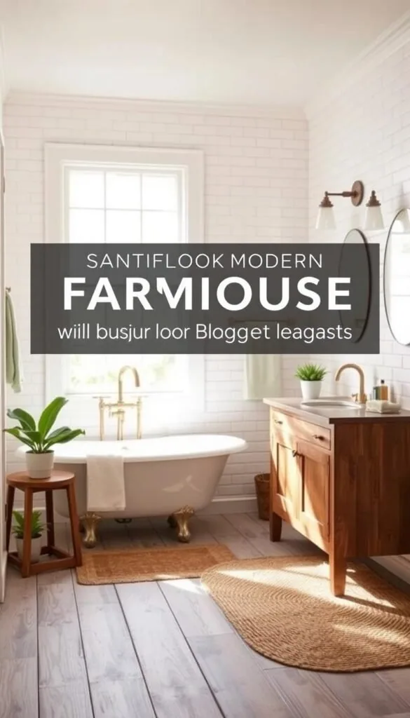 A bright, airy farmhouse-style bathroom with white subway tile walls, a clawfoot tub, and a rustic wooden vanity. Soft natural lighting streams in through a large window, casting a warm glow over the space. Vintage-inspired fixtures, like a brass faucet and simple sconces, add charm. The floor is covered in distressed wood planks, while a woven jute rug and potted greenery provide cozy, earthy accents. The overall look is both elegant and budget-friendly, perfect for a modern farmhouse aesthetic.