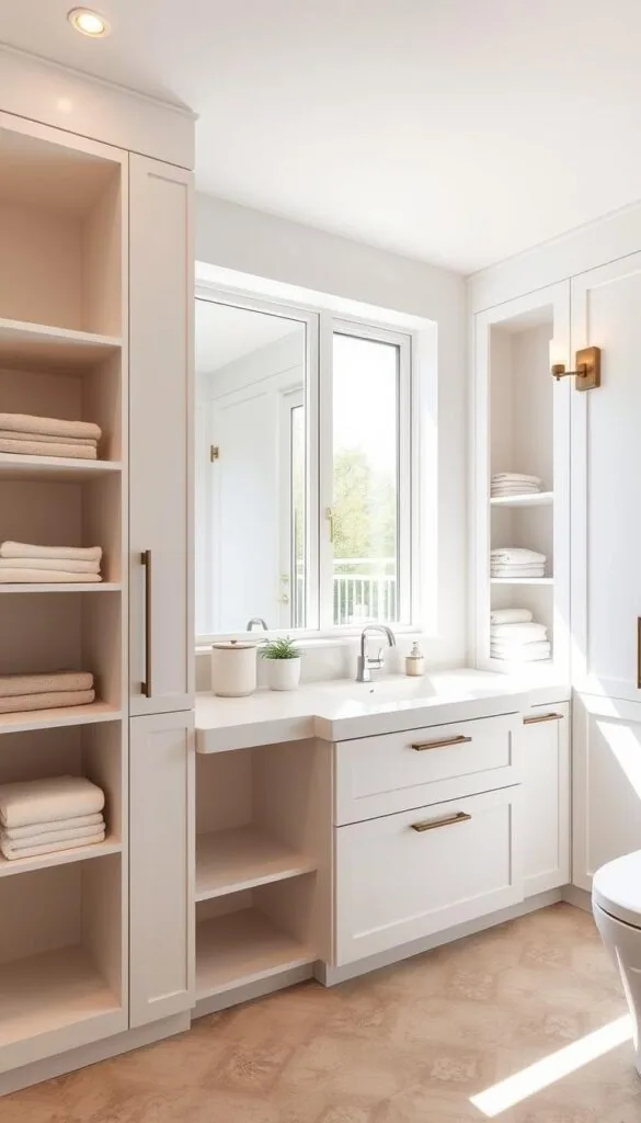 A bright, airy guest bathroom with sleek, modern built-in storage cabinets along the walls. The cabinets have a minimalist, white lacquered finish, with concealed handles for a clean, seamless look. Inside, adjustable shelves and drawers provide ample space for towels, toiletries, and other bathroom essentials. A large, rectangular vanity mirror is mounted above the cabinets, reflecting the natural light streaming in through a large window. The floor is covered in a neutral-toned, patterned tile that complements the overall contemporary aesthetic. The lighting is a combination of recessed ceiling fixtures and wall sconces, creating a warm, inviting ambiance.