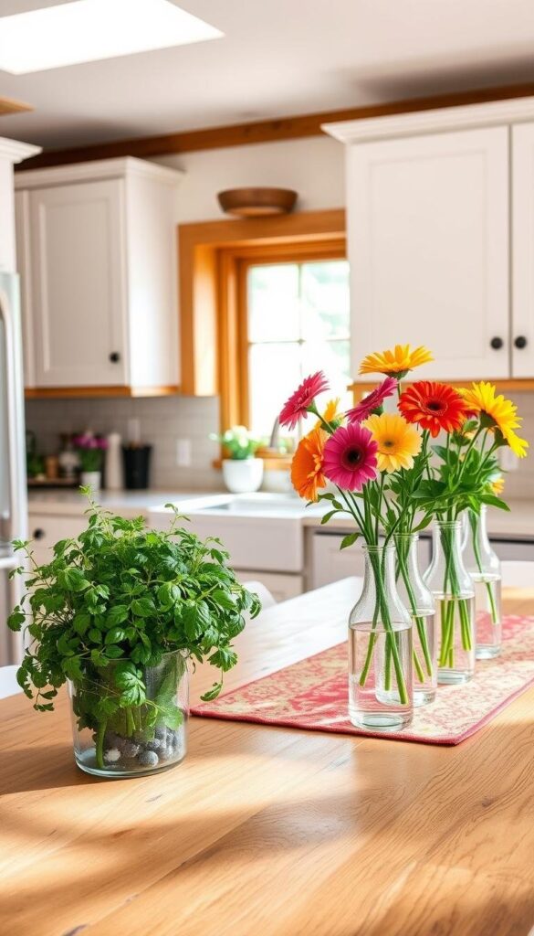 A bright, airy kitchen filled with natural light, featuring freshly potted herbs, a rustic wooden table adorned with a colorful table runner, and a row of simple yet elegant glass vases holding vibrant summer blooms. Warm wood tones complement the crisp white cabinets, creating a serene, inviting atmosphere. The scene is captured with a wide-angle lens, showcasing the kitchen's overall charm and showcasing easy, budget-friendly decor ideas that can transform the space for the summer season. A bright, airy kitchen filled with natural light, featuring freshly potted herbs, a rustic wooden table adorned with a colorful table runner, and a row of simple yet elegant glass vases holding vibrant summer blooms. Warm wood tones complement the crisp white cabinets, creating a serene, inviting atmosphere. The scene is captured with a wide-angle lens, showcasing the kitchen's overall charm and showcasing easy, budget-friendly decor ideas that can transform the space for the summer season.