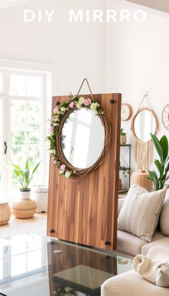 A bright, airy living room with a large window streaming in natural light. In the foreground, a simple yet elegant DIY mirror project is displayed, its frame crafted from reclaimed wood and accented with a delicate floral garland. In the middle ground, an assortment of other DIY mirror pieces are showcased, each with its own unique style - from a circular mirror surrounded by driftwood to a hexagonal mirror with a macrame hanger. The background features additional summer-inspired decor, such as potted plants, woven baskets, and textured throw pillows, all working in harmony to create a serene, inviting atmosphere. A bright, airy living room with a large window streaming in natural light. In the foreground, a simple yet elegant DIY mirror project is displayed, its frame crafted from reclaimed wood and accented with a delicate floral garland. In the middle ground, an assortment of other DIY mirror pieces are showcased, each with its own unique style - from a circular mirror surrounded by driftwood to a hexagonal mirror with a macrame hanger. The background features additional summer-inspired decor, such as potted plants, woven baskets, and textured throw pillows, all working in harmony to create a serene, inviting atmosphere.