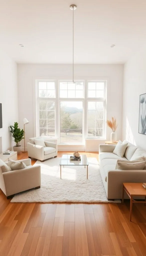 A bright, airy living room with a serene, neutral color palette. The room is bathed in natural light, streaming in through large windows that offer a view of a tranquil outdoor scene. The walls are painted in a soft, creamy white tone, creating a calming and elegant backdrop. The hardwood floors are a warm, honey-toned wood, adding depth and texture to the space. A plush, off-white area rug anchors the room, complemented by a pair of matching, overstuffed armchairs and a sleek, minimalist sofa in a similar neutral hue. Accent pieces, such as a glass-topped coffee table and a wooden side table, echo the room's understated sophistication. The lighting is a mix of natural illumination and a single, modern pendant fixture that casts a gentle glow, enhancing the peaceful atmosphere. A bright, airy living room with a serene, neutral color palette. The room is bathed in natural light, streaming in through large windows that offer a view of a tranquil outdoor scene. The walls are painted in a soft, creamy white tone, creating a calming and elegant backdrop. The hardwood floors are a warm, honey-toned wood, adding depth and texture to the space. A plush, off-white area rug anchors the room, complemented by a pair of matching, overstuffed armchairs and a sleek, minimalist sofa in a similar neutral hue. Accent pieces, such as a glass-topped coffee table and a wooden side table, echo the room's understated sophistication. The lighting is a mix of natural illumination and a single, modern pendant fixture that casts a gentle glow, enhancing the peaceful atmosphere.