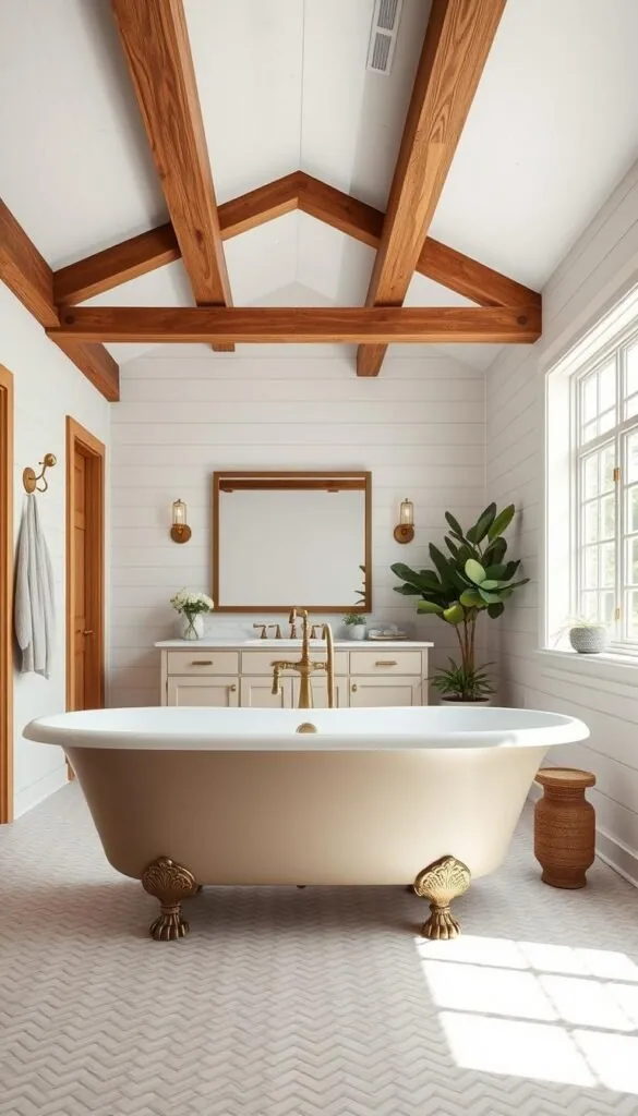 A bright, airy modern farmhouse bathroom with warm wood accents and sleek white tiles. In the foreground, a large freestanding bathtub with brass fixtures sits atop a patterned tile floor. Overhead, a rustic wooden beam ceiling with exposed rafters casts a soft, natural light. In the middle ground, a farmhouse-style vanity with shaker-style cabinets and a white marble countertop. Decorative brass sconces flank a large mirror. In the background, a large window floods the space with daylight, framed by crisp white shiplap walls. Lush potted plants and textured accents add organic touches to the serene, inviting atmosphere.