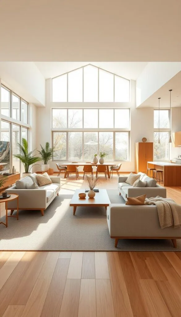 A bright, airy open-concept living room with a seamless flow between spaces. Sunlight filters through large windows, illuminating a minimalist yet cozy seating arrangement centered around a low coffee table. The space features a neutral color palette with natural wood accents, complemented by plush textiles and greenery. Subtle mid-century modern influences create a harmonious, sophisticated ambiance. The layout promotes a sense of spaciousness and encourages effortless movement between the living, dining, and kitchen areas. A wide-angle lens captures the room's expansive feel, showcasing the thoughtful, flow-through design.