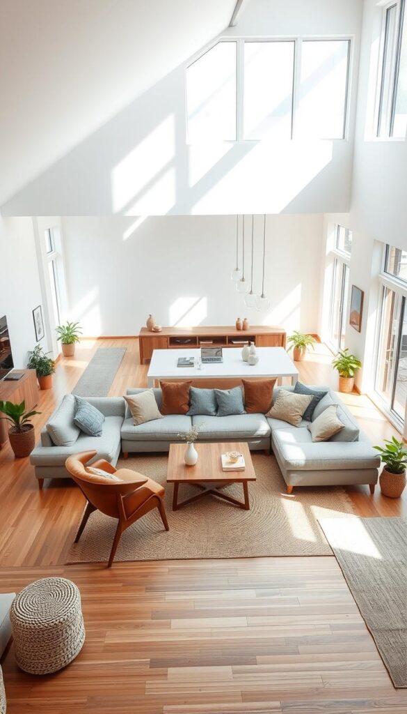 A bright, airy open concept living room with seamless flow between adjacent spaces. Sunlight pours in through large windows, illuminating a minimalist, Scandinavian-inspired design. A plush sectional sofa anchors the central seating area, surrounded by a wooden coffee table and mid-century modern accent chairs. The kitchen and dining zone blend effortlessly, featuring a sleek island with bar stools. Warm-toned hardwood floors and natural textures like woven rugs and potted plants create a calming, harmonious ambiance. Subtle pendant lighting and a clean, uncluttered aesthetic evoke a sense of modern sophistication and open, inviting atmosphere.