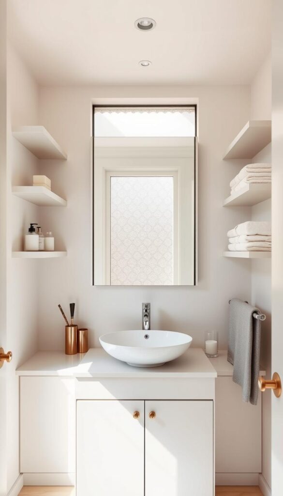 A bright, airy small bathroom with sleek, minimalist organization. Elegant floating shelves line the walls, holding neatly arranged toiletries and towels. A compact vanity with a stylish vessel sink sits beneath a large, frameless mirror. Warm, natural lighting filters in through a frosted window, casting a soft glow. Subtle, metallic hardware and accents add a touch of sophistication. The space feels uncluttered and serene, showcasing clever storage solutions that maximize the limited square footage. A bright, airy small bathroom with sleek, minimalist organization. Elegant floating shelves line the walls, holding neatly arranged toiletries and towels. A compact vanity with a stylish vessel sink sits beneath a large, frameless mirror. Warm, natural lighting filters in through a frosted window, casting a soft glow. Subtle, metallic hardware and accents add a touch of sophistication. The space feels uncluttered and serene, showcasing clever storage solutions that maximize the limited square footage.