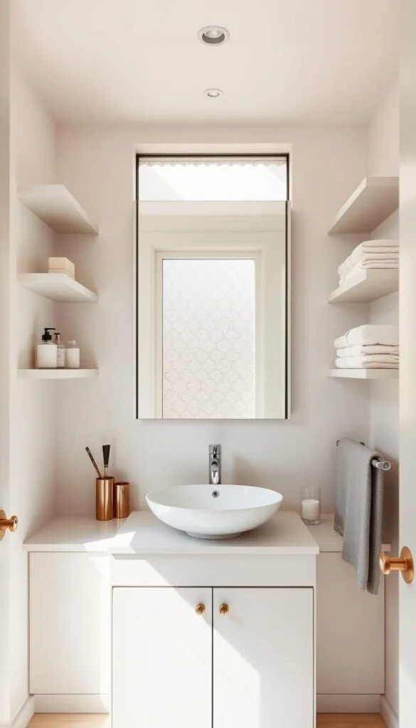A bright, airy small bathroom with sleek, minimalist organization. Elegant floating shelves line the walls, holding neatly arranged toiletries and towels. A compact vanity with a stylish vessel sink sits beneath a large, frameless mirror. Warm, natural lighting filters in through a frosted window, casting a soft glow. Subtle, metallic hardware and accents add a touch of sophistication. The space feels uncluttered and serene, showcasing clever storage solutions that maximize the limited square footage.