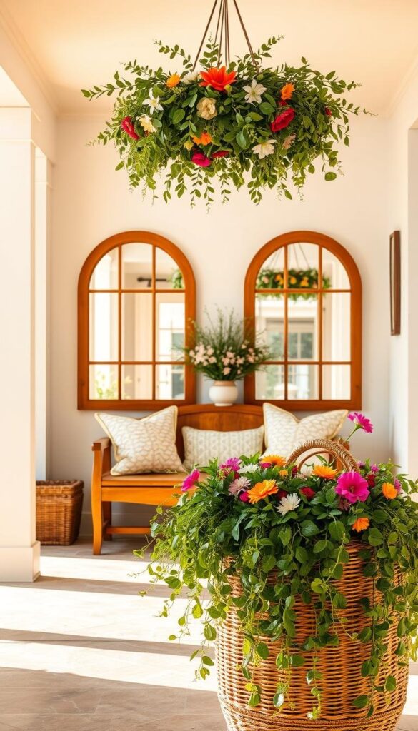 A bright, airy summer entryway adorned with lush greenery and vibrant floral accents. In the foreground, a stylish woven basket overflows with cascading vines and colorful blooms, creating a warm, inviting welcome. The middle ground features a wooden bench topped with plush, patterned cushions, inviting guests to pause and admire the space. In the background, a pair of large, wood-framed mirrors reflect the natural light, amplifying the sense of openness and airiness. Overhead, a simple yet elegant wreath of eucalyptus and seasonal flowers hangs from the ceiling, casting a soft, natural glow. The entire scene is bathed in warm, golden light, conveying a mood of effortless summer elegance. A bright, airy summer entryway adorned with lush greenery and vibrant floral accents. In the foreground, a stylish woven basket overflows with cascading vines and colorful blooms, creating a warm, inviting welcome. The middle ground features a wooden bench topped with plush, patterned cushions, inviting guests to pause and admire the space. In the background, a pair of large, wood-framed mirrors reflect the natural light, amplifying the sense of openness and airiness. Overhead, a simple yet elegant wreath of eucalyptus and seasonal flowers hangs from the ceiling, casting a soft, natural glow. The entire scene is bathed in warm, golden light, conveying a mood of effortless summer elegance.