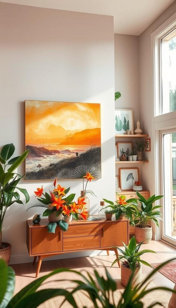 A bright, airy summer home interior featuring an eclectic mix of seasonal artwork and decor. In the foreground, a large abstract canvas in warm sunset hues hangs above a mid-century modern console table, adorned with vibrant tropical flowers and plants. The middle ground showcases a large floor-to-ceiling window, allowing natural light to flood the space and casting a soft, golden glow. In the background, shelves display an array of framed nature-inspired prints, ceramics, and other decorative elements that evoke the essence of summer. The overall atmosphere is one of relaxation, creativity, and a celebration of the brightest time of year. A bright, airy summer home interior featuring an eclectic mix of seasonal artwork and decor. In the foreground, a large abstract canvas in warm sunset hues hangs above a mid-century modern console table, adorned with vibrant tropical flowers and plants. The middle ground showcases a large floor-to-ceiling window, allowing natural light to flood the space and casting a soft, golden glow. In the background, shelves display an array of framed nature-inspired prints, ceramics, and other decorative elements that evoke the essence of summer. The overall atmosphere is one of relaxation, creativity, and a celebration of the brightest time of year.