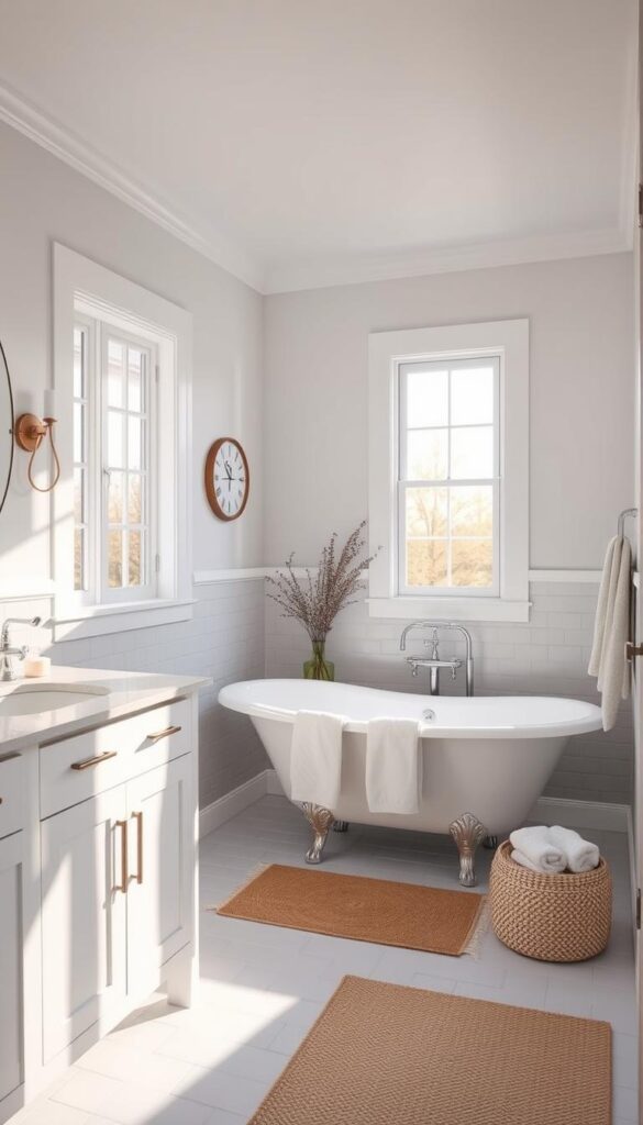 A bright and airy bathroom with a soothing color palette that creates a sense of openness and calm. The foreground showcases a crisp white vanity with minimalist fixtures, complemented by clean subway tiles in a soft gray hue. The middle ground features a freestanding clawfoot tub, its elegant curves reflecting the natural light pouring in from large windows. The background bathes the room in a warm, golden glow, hinting at the cozy ambiance. Soft textures, such as plush towels and a woven rug, add depth and texture to the scene. The overall composition emphasizes how the thoughtful use of color can make a small bathroom feel larger and more inviting. A bright and airy bathroom with a soothing color palette that creates a sense of openness and calm. The foreground showcases a crisp white vanity with minimalist fixtures, complemented by clean subway tiles in a soft gray hue. The middle ground features a freestanding clawfoot tub, its elegant curves reflecting the natural light pouring in from large windows. The background bathes the room in a warm, golden glow, hinting at the cozy ambiance. Soft textures, such as plush towels and a woven rug, add depth and texture to the scene. The overall composition emphasizes how the thoughtful use of color can make a small bathroom feel larger and more inviting.
