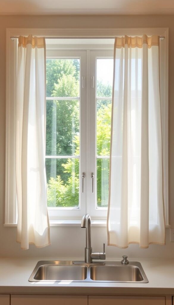 A bright and airy kitchen window, adorned with sheer, flowing curtains that dance gently in the summer breeze. The curtains, made of delicate linen or cotton, cascade softly, allowing ample natural light to flood the space. The window frame is painted a soft, inviting white, complementing the clean, minimalist aesthetic. Outside, a lush, verdant garden scene is visible, adding to the serene, calming atmosphere. The lighting is warm and diffused, creating a warm, welcoming glow throughout the room. The overall mood is one of tranquility and refreshment, perfectly capturing the essence of a light and airy summer kitchen.