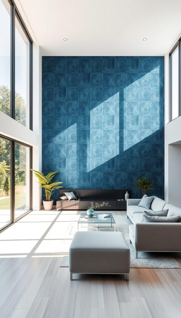 A bright and airy living room with a stunning accent wall featuring a geometric pattern in shades of blue and gray. The wall is the focal point, commanding attention with its bold and modern design. Abundant natural light streams in through large windows, casting a warm, inviting glow throughout the space. Sleek, minimalist furniture in neutral tones complements the accent wall, creating a cohesive and visually striking interior. The room has a sense of balance and sophistication, with the accent wall serving as a transformative element that elevates the entire design.