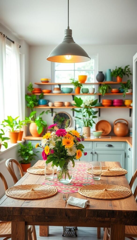 A bright, cheerful summer kitchen filled with vibrant colors and natural textures. In the foreground, a rustic wooden table adorned with a vibrant patterned tablecloth, woven placemats, and a vase of fresh flowers. Suspended overhead, a sleek pendant light casts a warm, ambient glow. Along the walls, shelves display a collection of colorful ceramic dishware, accented by lush potted plants. The background features large windows with sheer curtains, allowing ample natural light to flood the space and create a sense of airiness. The overall atmosphere evokes a relaxed, inviting mood perfect for summer entertaining.