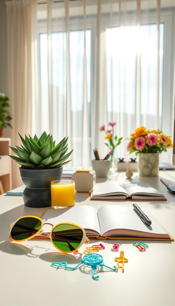 A bright, sun-drenched summer office scene with a variety of colorful, playful accessories on a white desk. Foreground features a potted succulent, a citrus-scented candle, a pair of retro-style sunglasses, and a set of whimsical novelty paper clips. In the middle ground, an open notebook with a pen, a stylish desk organizer, and a small vase of fresh flowers. The background showcases a large window with sheer curtains, allowing natural light to fill the space and create a warm, inviting atmosphere. The overall mood is breezy, cheerful, and conducive to productivity. A bright, sun-drenched summer office scene with a variety of colorful, playful accessories on a white desk. Foreground features a potted succulent, a citrus-scented candle, a pair of retro-style sunglasses, and a set of whimsical novelty paper clips. In the middle ground, an open notebook with a pen, a stylish desk organizer, and a small vase of fresh flowers. The background showcases a large window with sheer curtains, allowing natural light to fill the space and create a warm, inviting atmosphere. The overall mood is breezy, cheerful, and conducive to productivity.