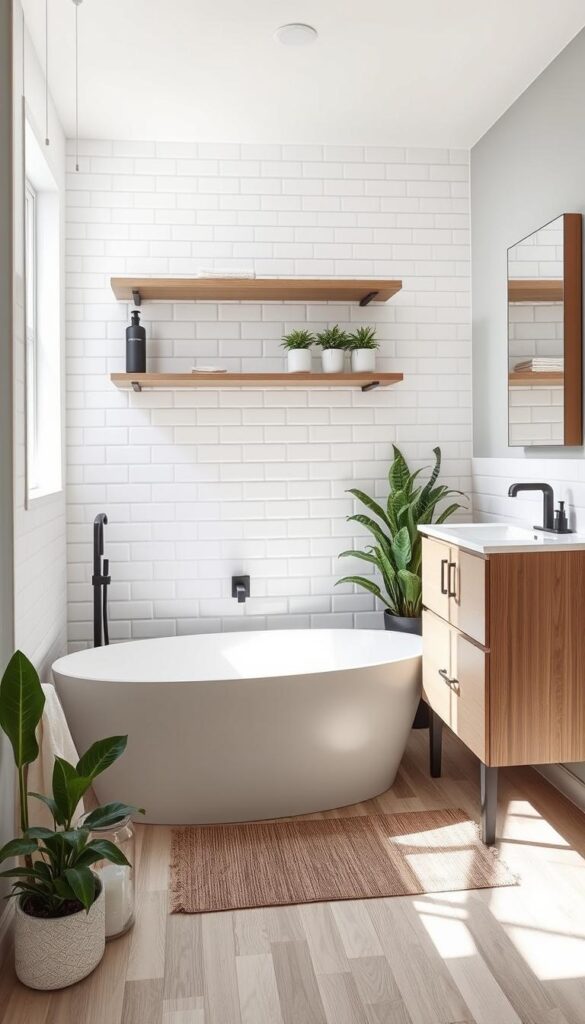 A bright, well-lit bathroom with a modern, minimalist aesthetic. The centerpiece is a sleek, freestanding bathtub in a neutral color, surrounded by crisp white subway tiles. Floating shelves hold essential toiletries, while a large mirror reflects the natural light streaming in from a window. The vanity is a simple, wood-grained cabinet with a clean white countertop. Matte black hardware and fixtures add a touch of contrast. The floor is covered in durable, budget-friendly vinyl planks that mimic the look of hardwood. Potted plants and a small, decorative rug lend a cozy, welcoming feel to the space.
