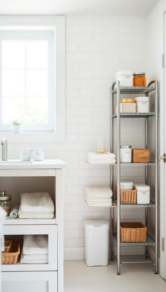 A bright, well-organized bathroom with simple, budget-friendly storage solutions. The foreground features a white vanity with open shelves displaying neatly folded towels, jars, and small baskets. In the middle ground, a freestanding metal shelving unit holds various containers and accessories. The background shows a tiled wall with a large window, allowing natural light to stream in and create a fresh, airy atmosphere. The lighting is soft and even, accentuating the clean, minimalist design. The overall mood is one of efficiency, practicality, and a touch of Scandinavian-inspired style. A bright, well-organized bathroom with simple, budget-friendly storage solutions. The foreground features a white vanity with open shelves displaying neatly folded towels, jars, and small baskets. In the middle ground, a freestanding metal shelving unit holds various containers and accessories. The background shows a tiled wall with a large window, allowing natural light to stream in and create a fresh, airy atmosphere. The lighting is soft and even, accentuating the clean, minimalist design. The overall mood is one of efficiency, practicality, and a touch of Scandinavian-inspired style.