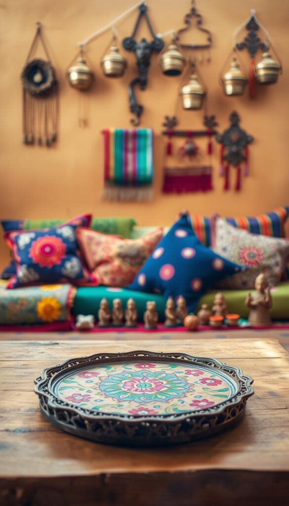 A brightly lit DIY Indian decor project scene. In the foreground, an intricately carved wooden tray with vibrant floral motifs sits atop a rustic wooden table. In the middle ground, an array of colorful sari fabrics, embroidered cushions, and handmade clay figurines are arranged artfully. The background features a warm, earthy-toned wall with a display of hanging brass lamps and wall hangings, casting a soft, ambient glow. The overall atmosphere evokes a sense of handcrafted, traditional Indian charm and creativity. Lens: 50mm, lighting: natural daylight with some subtle backlighting.