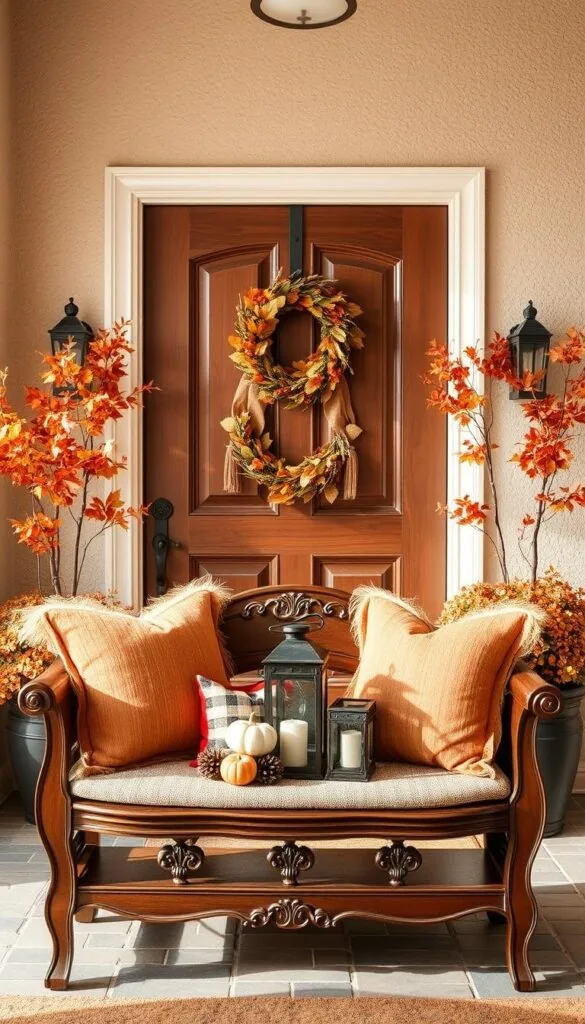 A charming and inviting fall entryway, captured in a warm, natural light. In the foreground, an ornate wooden bench adorned with plush autumnal-hued cushions and throw pillows. On the bench, a well-curated collection of fall-themed decor elements, such as decorative gourds, pinecones, and a rustic lantern. The middle ground features a substantial wooden door, its surface adorned with a stylish wreath of autumn leaves, berries, and twigs. Flanking the door, two potted plants with vibrant foliage in shades of orange and red. The background showcases a cozy, textured wall in a complementary neutral tone, setting the stage for this inviting fall display.