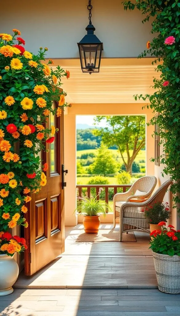 A charming summer home entrance with a warm, inviting color palette. The foreground features a stately wooden door framed by a lush arrangement of vibrant flowers in shades of yellow, orange, and red. The middle ground showcases a quaint porch with comfortable wicker furniture in soft neutral tones, accented by verdant potted plants. In the background, a picturesque landscape unfolds, with a lush garden and a clear blue sky overhead, lit by natural, golden sunlight filtering through the trees. The overall atmosphere radiates a sense of laid-back summer elegance and tranquility.