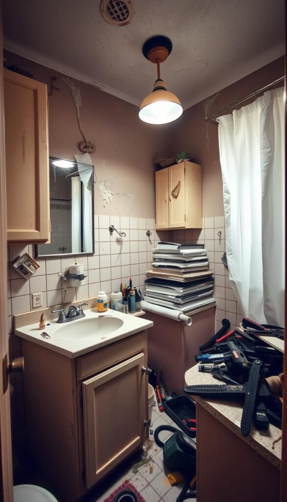 A cluttered bathroom with leaking faucets, peeling tiles, and a clogged drain. A DIY vanity repair gone wrong, with mismatched cabinets and a crooked mirror. Harsh overhead lighting casts unflattering shadows, and a poorly installed shower curtain rod drips water onto the floor. In the background, a stack of discarded tools and half-finished projects litter the countertop, creating a sense of chaos and disorganization. The overall atmosphere is one of frustration and disappointment, highlighting the common pitfalls of a DIY bathroom remodel gone awry. A cluttered bathroom with leaking faucets, peeling tiles, and a clogged drain. A DIY vanity repair gone wrong, with mismatched cabinets and a crooked mirror. Harsh overhead lighting casts unflattering shadows, and a poorly installed shower curtain rod drips water onto the floor. In the background, a stack of discarded tools and half-finished projects litter the countertop, creating a sense of chaos and disorganization. The overall atmosphere is one of frustration and disappointment, highlighting the common pitfalls of a DIY bathroom remodel gone awry.