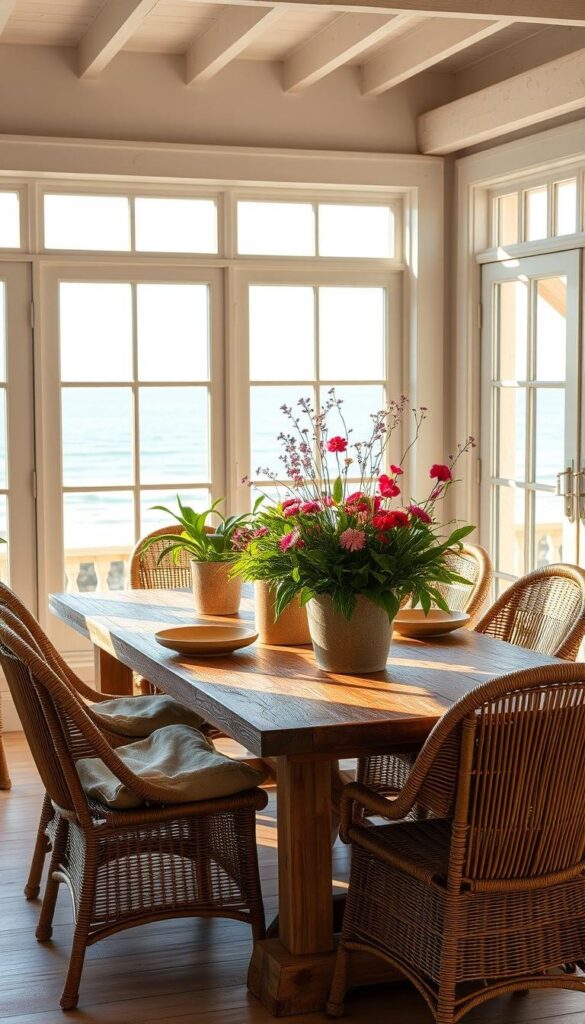 A coastal-inspired dining room with a serene and airy atmosphere. The scene features a rustic wooden table surrounded by rattan chairs, bathed in warm, natural lighting streaming through large windows overlooking a tranquil beach vista. Lush, verdant potted plants and a vibrant bouquet of freshly picked wildflowers adorn the tabletop, infusing the space with a sense of organic beauty. Soft, texturized fabrics in earthy tones complement the natural elements, creating a harmonious and inviting ambiance perfect for leisurely summer meals. A coastal-inspired dining room with a serene and airy atmosphere. The scene features a rustic wooden table surrounded by rattan chairs, bathed in warm, natural lighting streaming through large windows overlooking a tranquil beach vista. Lush, verdant potted plants and a vibrant bouquet of freshly picked wildflowers adorn the tabletop, infusing the space with a sense of organic beauty. Soft, texturized fabrics in earthy tones complement the natural elements, creating a harmonious and inviting ambiance perfect for leisurely summer meals.