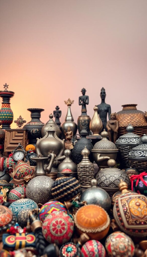 A collection of diverse cultural artifacts arranged in a visually striking composition. In the foreground, an assortment of handcrafted trinkets, sculptures, and textiles from around the world, each with intricate patterns and vibrant colors. In the middle ground, a mix of metallic accents, carved wooden pieces, and woven baskets create a harmonious blend of textures. The background features a softly lit, minimalist setting, allowing the cultural items to take center stage. The lighting is warm and diffused, creating a cozy, inviting atmosphere that celebrates the beauty and uniqueness of global artistic traditions.
