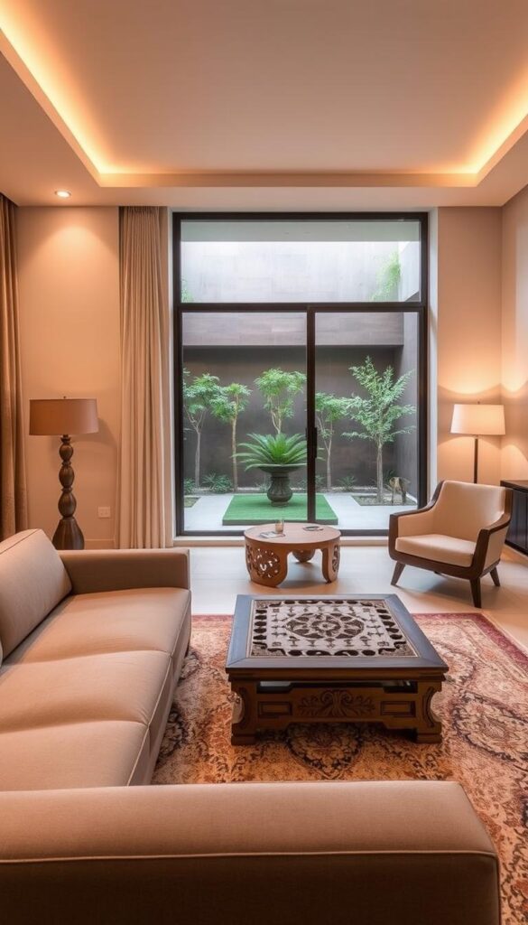 A contemporary Indian living room showcasing a blend of traditional and modern furniture styles. In the foreground, a sleek, minimalist couch with clean lines and a muted color palette. Atop a plush, patterned rug, a low wooden coffee table with carved detailing. In the middle ground, a handcrafted side table with intricate latticework, paired with a modern, angular armchair. The background features a large window overlooking a serene garden, allowing natural light to flood the space. Warm, diffused lighting creates a cozy, inviting atmosphere, while the combination of natural materials and clean, geometric forms reflects the harmony of traditional and contemporary Indian design.