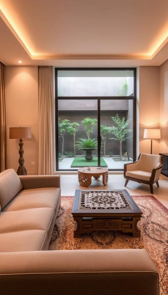 A contemporary Indian living room showcasing a blend of traditional and modern furniture styles. In the foreground, a sleek, minimalist couch with clean lines and a muted color palette. Atop a plush, patterned rug, a low wooden coffee table with carved detailing. In the middle ground, a handcrafted side table with intricate latticework, paired with a modern, angular armchair. The background features a large window overlooking a serene garden, allowing natural light to flood the space. Warm, diffused lighting creates a cozy, inviting atmosphere, while the combination of natural materials and clean, geometric forms reflects the harmony of traditional and contemporary Indian design.