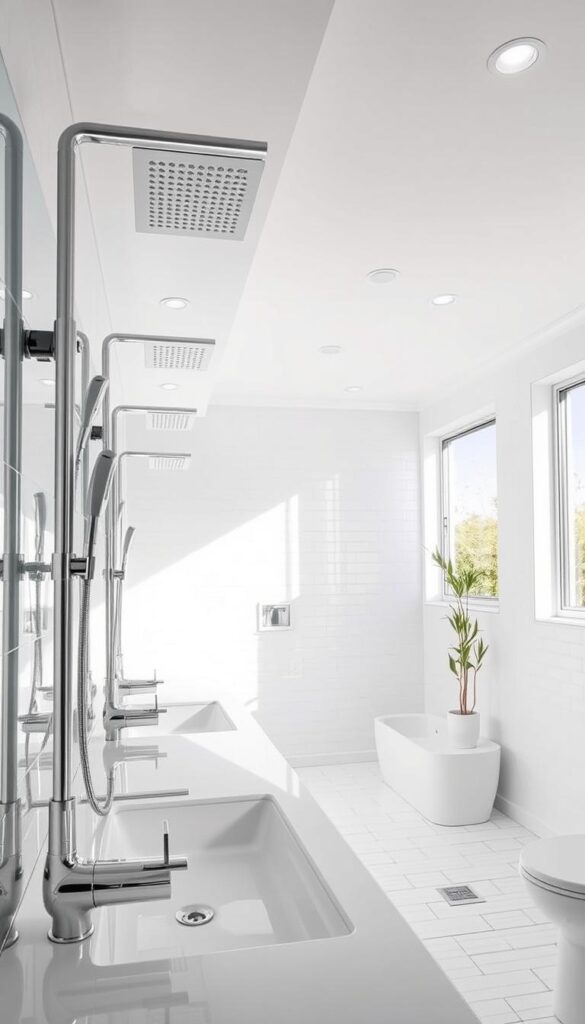 A contemporary bathroom with sleek, minimalist fixtures in a bright, airy space. Gleaming chrome faucets and showerheads against a backdrop of white tile and clean, geometric lines. A large vanity with a wide mirror reflects the natural light streaming in through expansive windows. Recessed lighting casts a soft, even glow throughout, creating a spa-like ambiance. The overall aesthetic is sophisticated, streamlined, and in tune with modern design sensibilities. A contemporary bathroom with sleek, minimalist fixtures in a bright, airy space. Gleaming chrome faucets and showerheads against a backdrop of white tile and clean, geometric lines. A large vanity with a wide mirror reflects the natural light streaming in through expansive windows. Recessed lighting casts a soft, even glow throughout, creating a spa-like ambiance. The overall aesthetic is sophisticated, streamlined, and in tune with modern design sensibilities.