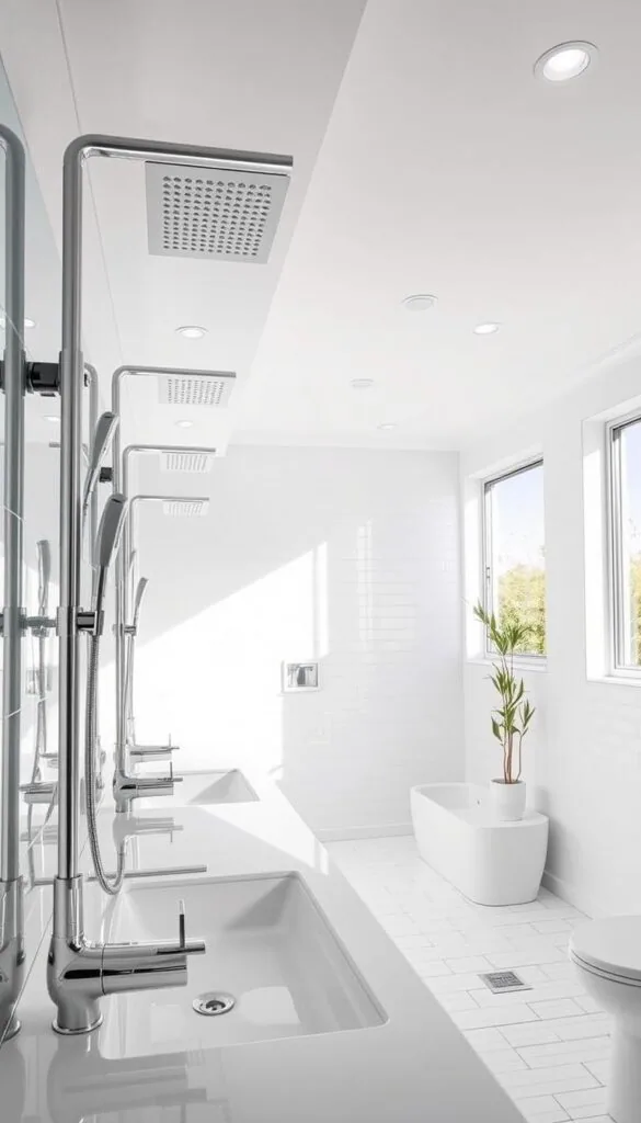 A contemporary bathroom with sleek, minimalist fixtures in a bright, airy space. Gleaming chrome faucets and showerheads against a backdrop of white tile and clean, geometric lines. A large vanity with a wide mirror reflects the natural light streaming in through expansive windows. Recessed lighting casts a soft, even glow throughout, creating a spa-like ambiance. The overall aesthetic is sophisticated, streamlined, and in tune with modern design sensibilities.