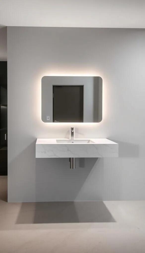 A contemporary floating vanity suspended above a sleek, minimalist bathroom. The vanity is made of polished white marble, its edges slightly beveled, creating a sense of weightlessness. Soft, indirect lighting emanates from within, casting a warm glow across the surface. The vanity is mounted on a seamless, wall-mounted base, giving the illusion of it floating effortlessly in the space. The background features a neutral, muted color palette, allowing the vanity to be the focal point. The overall atmosphere is one of calm, sophistication, and modern elegance.