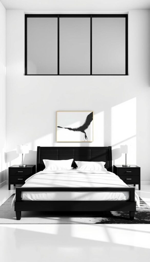 A contemporary, minimalist bedroom with a black and white color scheme. The focal point is a king-size bed with a sleek, black wooden frame and crisp, white bedding. A pair of modern, black nightstands flank the bed, each with a minimalist, white lamp providing soft, ambient lighting. In the background, a large window floods the room with natural light, casting dramatic shadows across the space. The walls are painted in a stark, pure white, creating a serene and calming atmosphere. Carefully curated decor, such as a black and white abstract art piece and a monochrome area rug, complete the chic and timeless aesthetic.