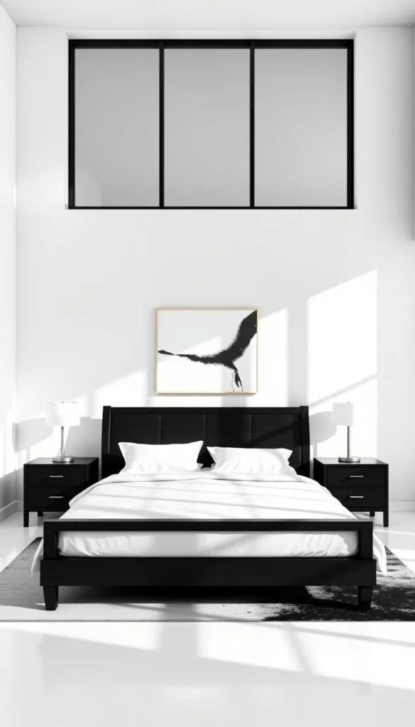 A contemporary, minimalist bedroom with a black and white color scheme. The focal point is a king-size bed with a sleek, black wooden frame and crisp, white bedding. A pair of modern, black nightstands flank the bed, each with a minimalist, white lamp providing soft, ambient lighting. In the background, a large window floods the room with natural light, casting dramatic shadows across the space. The walls are painted in a stark, pure white, creating a serene and calming atmosphere. Carefully curated decor, such as a black and white abstract art piece and a monochrome area rug, complete the chic and timeless aesthetic.