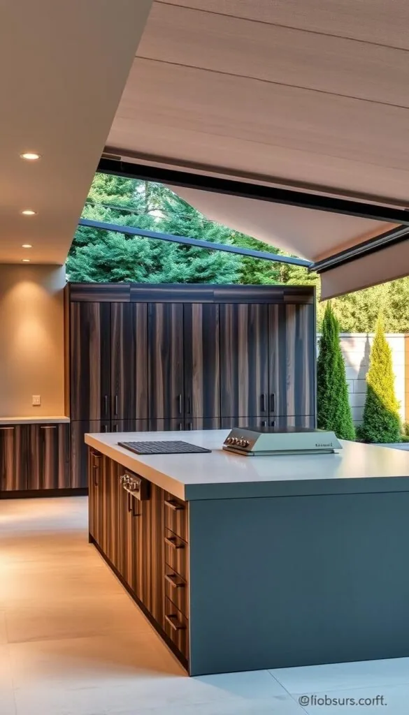 A contemporary outdoor kitchen with a sleek, minimalist design. The kitchen features a large island with a smooth, gray concrete countertop and a built-in gas grill. The cabinets are made of dark, weathered wood, creating a natural, rustic contrast. The space is illuminated by warm, recessed lighting and accented by brushed metal hardware. In the background, a lush, manicured garden provides a serene, natural backdrop, while a retractable awning casts gentle shadows across the scene. The overall atmosphere is one of modern elegance and effortless outdoor living.