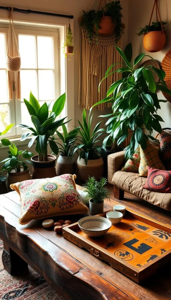 A cozy Afrohemian living room with lush potted plants, macrame wall hangings, and handcrafted woven baskets. Warm natural lighting from large windows creates a serene ambiance. On a rustic wooden coffee table, various DIY projects are displayed - a colorful embroidered pillow, a set of hand-painted ceramic trinket dishes, and a reclaimed wood tray adorned with carved African symbols. The overall aesthetic is a harmonious blend of earthy textures, vibrant colors, and cultural influences that evoke a sense of cultural pride and comfort.