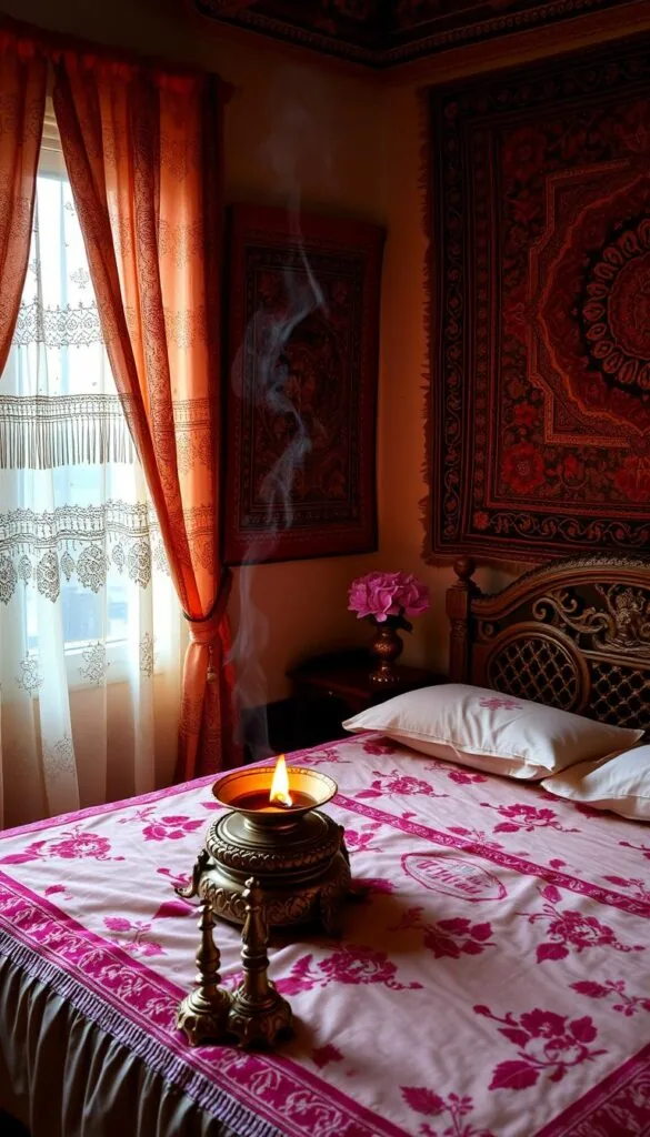 A cozy Indian bedroom with intricate tapestry hangings adorning the walls, creating a serene and inviting atmosphere. Soft, plush bedding in rich jewel-toned fabrics, adorned with ornate, hand-embroidered patterns. A carved, wooden bed frame with intricate latticework design. In the corner, a traditional brass oil lamp casts a warm, flickering glow. A small, intricately carved side table holds a vase of fragrant jasmine flowers. Ornate, brass incense burners release swirling tendrils of fragrant smoke. The room is illuminated by soft, natural light filtering through sheer, embroidered curtains. The overall effect is one of tranquility, comfort, and a true sense of Indian cultural heritage.