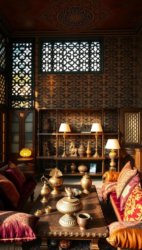 A cozy Indian vintage living room with intricate latticed windows, warm lighting, and an ornate jali screen casting patterns on the walls. In the foreground, a low wooden coffee table is adorned with brass and copper accents, surrounded by plush, jewel-toned velvet cushions. On the middle shelves, antique brass lamps, carved wooden statuettes, and traditional Indian pottery pieces create a layered, lived-in aesthetic. The background features a striking paisley wallpaper, complemented by ornate carved doors and a intricate ceiling medallion. The overall atmosphere is one of timeless elegance and cultural richness. A cozy Indian vintage living room with intricate latticed windows, warm lighting, and an ornate jali screen casting patterns on the walls. In the foreground, a low wooden coffee table is adorned with brass and copper accents, surrounded by plush, jewel-toned velvet cushions. On the middle shelves, antique brass lamps, carved wooden statuettes, and traditional Indian pottery pieces create a layered, lived-in aesthetic. The background features a striking paisley wallpaper, complemented by ornate carved doors and a intricate ceiling medallion. The overall atmosphere is one of timeless elegance and cultural richness.