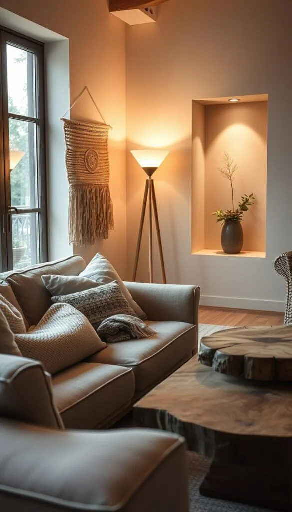 A cozy Japandi-inspired living room filled with natural textures and materials. In the foreground, a plush, low-profile sofa with a woven wool throw and linen cushions. Beside it, a rustic wooden coffee table with a smooth, knotted surface. In the middle ground, a tall, minimalist floor lamp casts a warm, ambient glow, illuminating a delicate woven wall hanging. The background features a neutral-toned feature wall, with a recessed niche displaying a decorative ceramic vase and potted plant. Soft, diffused natural light filters in through large windows, highlighting the organic, earthy tones and tactile finishes throughout the space.