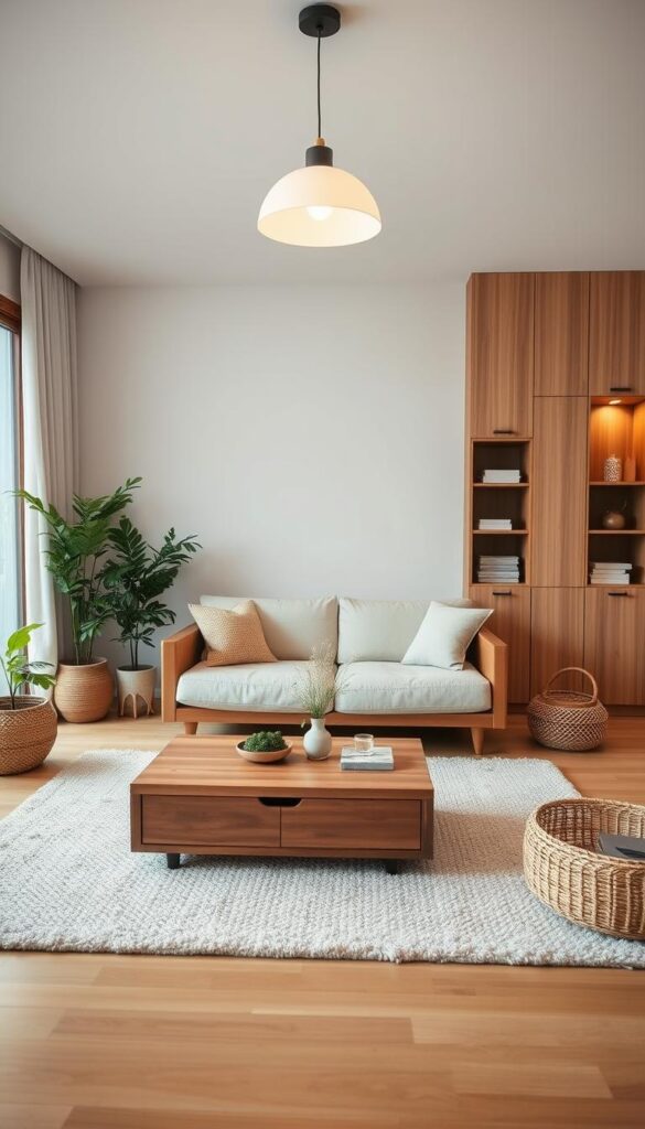 A cozy Japandi-inspired living room with minimalist hidden storage solutions. A mid-century modern sofa in natural wood and light upholstery sits atop a plush area rug, complemented by a low wooden coffee table with sleek, concealed drawers. The walls feature built-in shelving units with discreet cabinets, blending seamlessly into the neutral-toned decor. Soft, diffused lighting from a pendant lamp casts a warm glow, creating a tranquil and uncluttered atmosphere. Potted plants and natural textures, such as woven baskets, add organic touches to the space, conveying a sense of balance and harmony. A cozy Japandi-inspired living room with minimalist hidden storage solutions. A mid-century modern sofa in natural wood and light upholstery sits atop a plush area rug, complemented by a low wooden coffee table with sleek, concealed drawers. The walls feature built-in shelving units with discreet cabinets, blending seamlessly into the neutral-toned decor. Soft, diffused lighting from a pendant lamp casts a warm glow, creating a tranquil and uncluttered atmosphere. Potted plants and natural textures, such as woven baskets, add organic touches to the space, conveying a sense of balance and harmony.