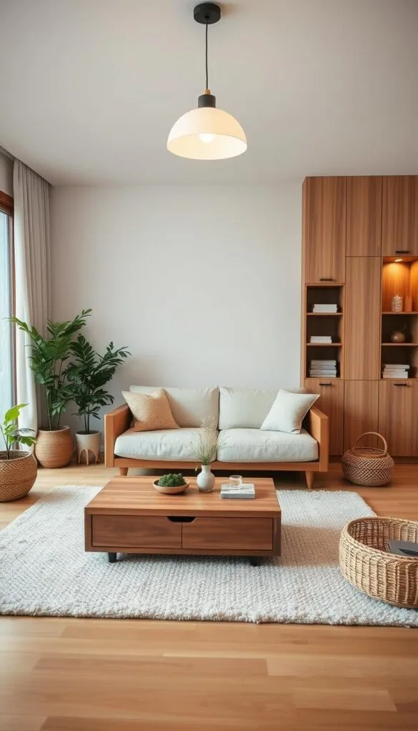 A cozy Japandi-inspired living room with minimalist hidden storage solutions. A mid-century modern sofa in natural wood and light upholstery sits atop a plush area rug, complemented by a low wooden coffee table with sleek, concealed drawers. The walls feature built-in shelving units with discreet cabinets, blending seamlessly into the neutral-toned decor. Soft, diffused lighting from a pendant lamp casts a warm glow, creating a tranquil and uncluttered atmosphere. Potted plants and natural textures, such as woven baskets, add organic touches to the space, conveying a sense of balance and harmony.