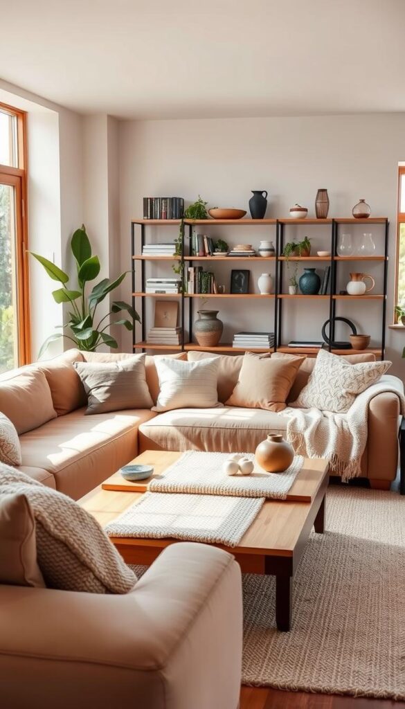 A cozy Japandi-style living room, bathed in warm, natural light from large windows. In the foreground, a plush, earth-toned sofa is layered with an array of textured throw pillows and a soft, woven blanket, creating a welcoming and inviting atmosphere. The middle ground features a low, wooden coffee table topped with a tactile, handwoven runner and a selection of decorative objects. In the background, a wall-mounted shelving unit displays an eclectic mix of books, ceramics, and potted plants, adding depth and visual interest to the space. The overall mood is one of understated elegance and harmonious blend of Japanese and Scandinavian design principles. A cozy Japandi-style living room, bathed in warm, natural light from large windows. In the foreground, a plush, earth-toned sofa is layered with an array of textured throw pillows and a soft, woven blanket, creating a welcoming and inviting atmosphere. The middle ground features a low, wooden coffee table topped with a tactile, handwoven runner and a selection of decorative objects. In the background, a wall-mounted shelving unit displays an eclectic mix of books, ceramics, and potted plants, adding depth and visual interest to the space. The overall mood is one of understated elegance and harmonious blend of Japanese and Scandinavian design principles.