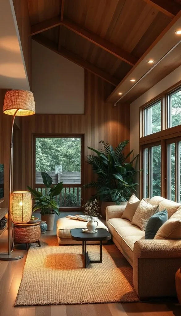 A cozy Japandi-style living room with natural wood tones, soft textiles, and subtle ambient lighting. The room is illuminated by a mix of warm task lighting, including a floor lamp with a woven rattan shade, and recessed ceiling lights that cast a gentle glow. Lush houseplants and natural textures, like a jute area rug and a nubby, off-white sofa, create a tranquil, zen-like atmosphere. The lighting is diffused and indirect, accentuating the room's clean lines and minimalist decor. Large windows allow natural daylight to filter in, blending seamlessly with the artificial illumination. An overall sense of calm and understated sophistication pervades the space.