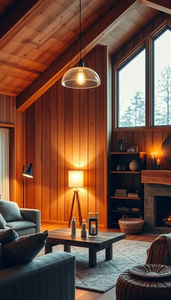 A cozy Nordic living room bathed in warm, diffused lighting. Wooden beams and paneled walls create a rustic, inviting ambiance. Strategically placed floor lamps with soft, indirect illumination cast a gentle glow, complemented by a minimalist pendant light over a wooden coffee table. Candlesticks and lanterns on shelves add flickering accents, while a large window allows natural light to filter in, casting a dreamy, atmospheric haze. Plush textiles, earthy tones, and natural materials like stone and woven baskets evoke a serene, hygge-inspired atmosphere.