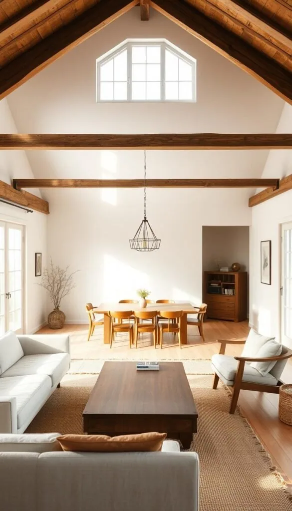 A cozy Scandinavian barn house interior, bathed in warm, diffused natural light filtering through large windows. The foreground features minimalist, mid-century inspired furniture - a sleek, low-profile sofa, a wooden coffee table with clean lines, and a pair of armchairs with gentle curves. The middle ground showcases a vintage, rustic wooden dining table surrounded by simple, high-backed chairs. In the background, exposed wooden beams and whitewashed walls create a serene, pared-back ambiance. Subtle textures, such as woven rugs and linen cushions, add depth and visual interest. The overall mood is one of understated elegance and timeless Scandinavian design. A cozy Scandinavian barn house interior, bathed in warm, diffused natural light filtering through large windows. The foreground features minimalist, mid-century inspired furniture - a sleek, low-profile sofa, a wooden coffee table with clean lines, and a pair of armchairs with gentle curves. The middle ground showcases a vintage, rustic wooden dining table surrounded by simple, high-backed chairs. In the background, exposed wooden beams and whitewashed walls create a serene, pared-back ambiance. Subtle textures, such as woven rugs and linen cushions, add depth and visual interest. The overall mood is one of understated elegance and timeless Scandinavian design.