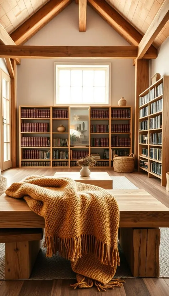 A cozy Scandinavian cabin interior bathed in warm, earthy tones. In the foreground, a plush, textured throw blanket in muted ochre draped over a rustic wooden bench. Midground features a minimalist coffee table with a simple, geometric design in natural oak. Bookshelves line the walls, filled with leather-bound volumes in shades of burgundy and olive. Soft, ambient lighting filters in through large windows, casting a golden glow on the scene. The background showcases exposed wood beams and whitewashed walls, creating a serene, hygge-inspired atmosphere. The overall palette blends tans, grays, and muted greens for a harmonious, Nordic-inspired aesthetic.