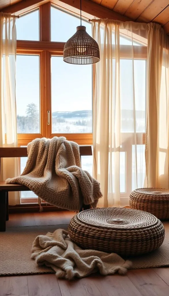 A cozy Scandinavian cabin interior, bathed in warm, natural lighting. In the foreground, a plush, wool throw blanket in a muted neutral tone drapes over a rustic wooden bench. Beside it, a matching woven floor cushion invites a moment of relaxation. The middle ground features a handcrafted pendant lamp with a wicker shade, casting a soft, ambient glow. In the background, a row of sheer, linen curtains sway gently, framing a picturesque winter landscape beyond the cabin's windows. The overall atmosphere evokes a sense of hygge - a cozy, comforting and content state of being.