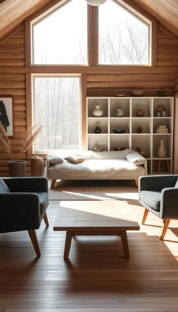 A cozy Scandinavian cabin interior featuring minimalist yet functional furniture essentials. In the foreground, a low-slung, light wood coffee table with clean lines is flanked by a pair of plush, charcoal grey armchairs with tapered legs. In the middle ground, a large, shearling-covered daybed sits beneath a large picture window, allowing natural light to flood the space. In the background, a simple, white-washed wood bookshelf displays artful ceramics and plants, casting soft shadows across the room. The overall mood is one of serene simplicity, enhanced by warm, diffused lighting and a neutral color palette.