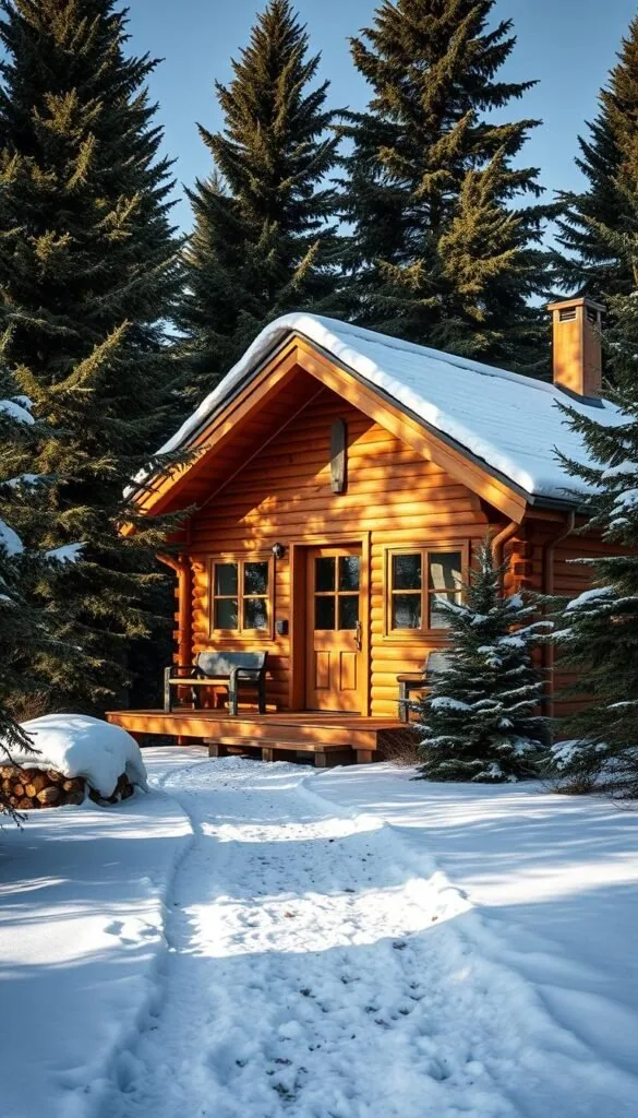 A cozy Scandinavian cabin nestled amidst lush evergreens, its exterior clad in warm earth-toned wood planks. The cabin's gabled roof is topped with a dusting of fresh snow, casting a serene, winter wonderland ambiance. The scene is bathed in soft, diffused natural lighting, with long shadows stretching across the cabin's facade. In the foreground, a small path leading to the cabin's front door is flanked by neatly stacked firewood. Surrounding the cabin, a blanket of white snow covers the ground, blending seamlessly with the cabin's natural palette. The overall composition exudes a sense of tranquility and harmony with the rugged Nordic landscape.